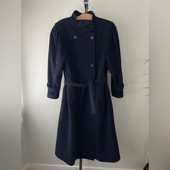 Vintage Wool Cashmere Long Coat Overcoat Maxi Longline Belted Navy Blue Size 12 - Picture 2 of 14